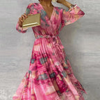 Long Printed Pink Dress For Women With Belt And Long Sleeves