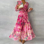 Long Printed Pink Dress For Women With Belt And Long Sleeves