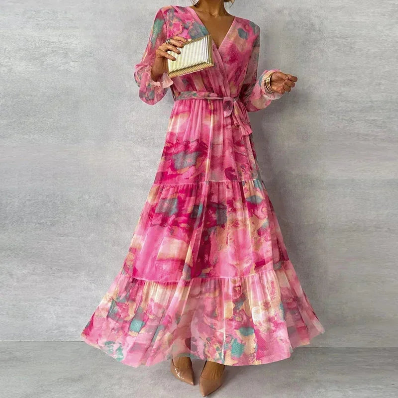 Long Printed Pink Dress For Women With Belt And Long Sleeves