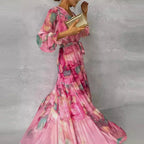Long Printed Pink Dress For Women With Belt And Long Sleeves