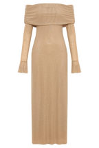Long Shimmering Dress with Long Sleeves and Off-Shoulder Design