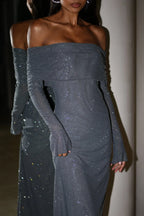 Long Shimmering Dress with Long Sleeves and Off-Shoulder Design