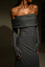 Long Shimmering Dress with Long Sleeves and Off-Shoulder Design
