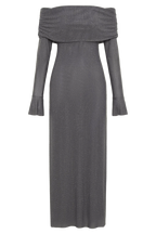 Long Shimmering Dress with Long Sleeves and Off-Shoulder Design