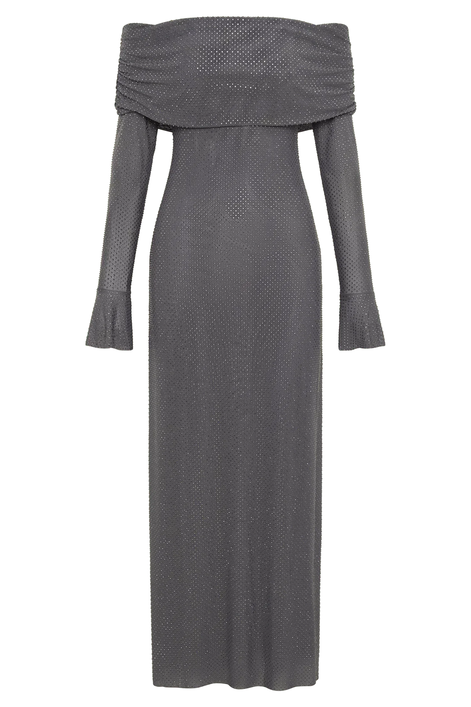 Long Shimmering Dress with Long Sleeves and Off-Shoulder Design