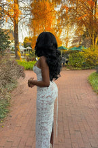 Long Fitted White Lace Dress with Thin Straps