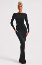 Long Black Backless Dress For Women With Long Sleeves