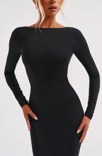 Long Black Backless Dress For Women With Long Sleeves