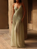 Light Green Long Dress for Women with Slit and Thin Straps