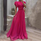 Long Pleated Dress for Women with Ruffled Sleeves and Belt