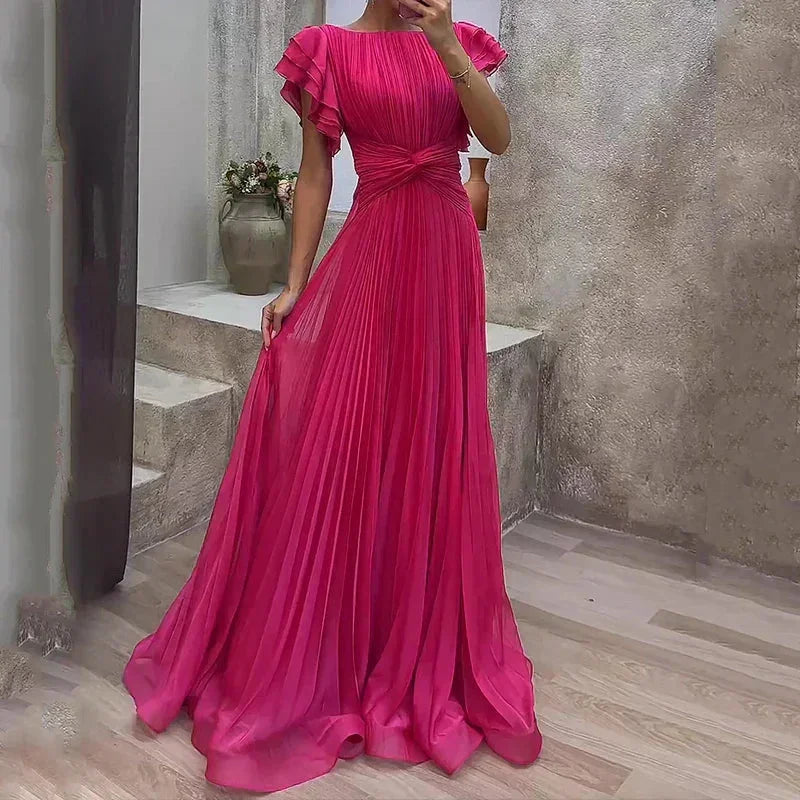 Long Pleated Dress for Women with Ruffled Sleeves and Belt