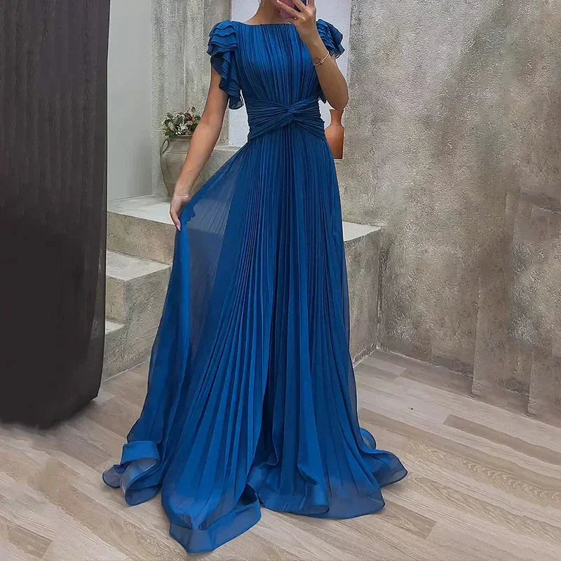 Long Pleated Dress for Women with Ruffled Sleeves and Belt