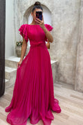 Long Pleated Dress for Women with Ruffled Sleeves and Belt