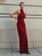 Red Backless Long Dress for Women with Trailing Bow