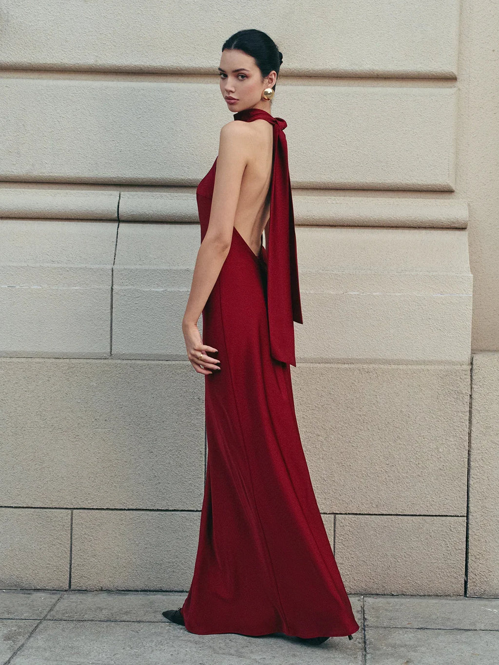 Red Backless Long Dress for Women with Trailing Bow
