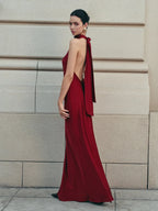 Red Backless Long Dress for Women with Trailing Bow