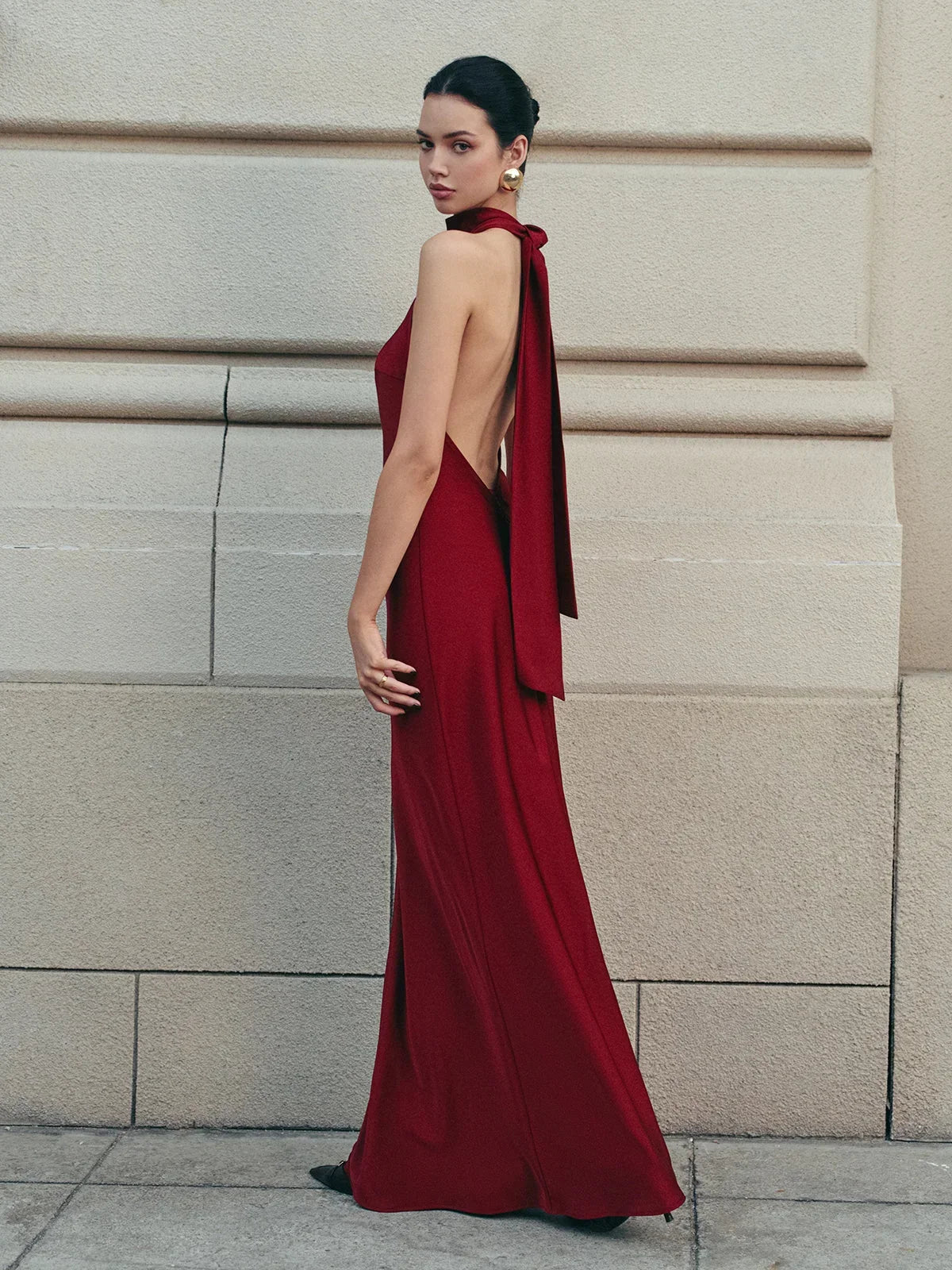 Red Backless Long Dress for Women with Trailing Bow