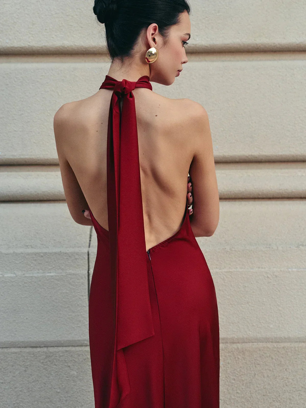 Red Backless Long Dress for Women with Trailing Bow