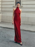 Red Backless Long Dress for Women with Trailing Bow