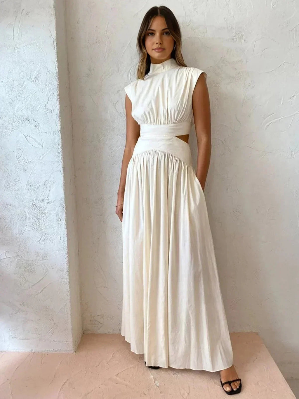 Long Women's Dress with High Neck and Elegant Cutouts