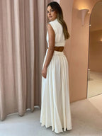 Long Women's Dress with High Neck and Elegant Cutouts