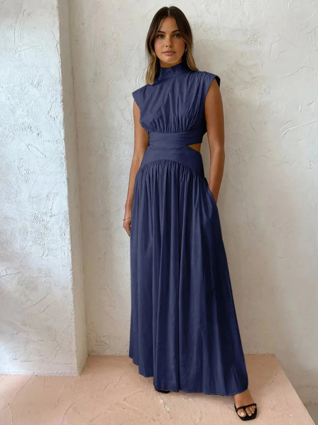 Long Women's Dress with High Neck and Elegant Cutouts