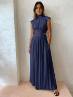 Long Women's Dress with High Neck and Elegant Cutouts