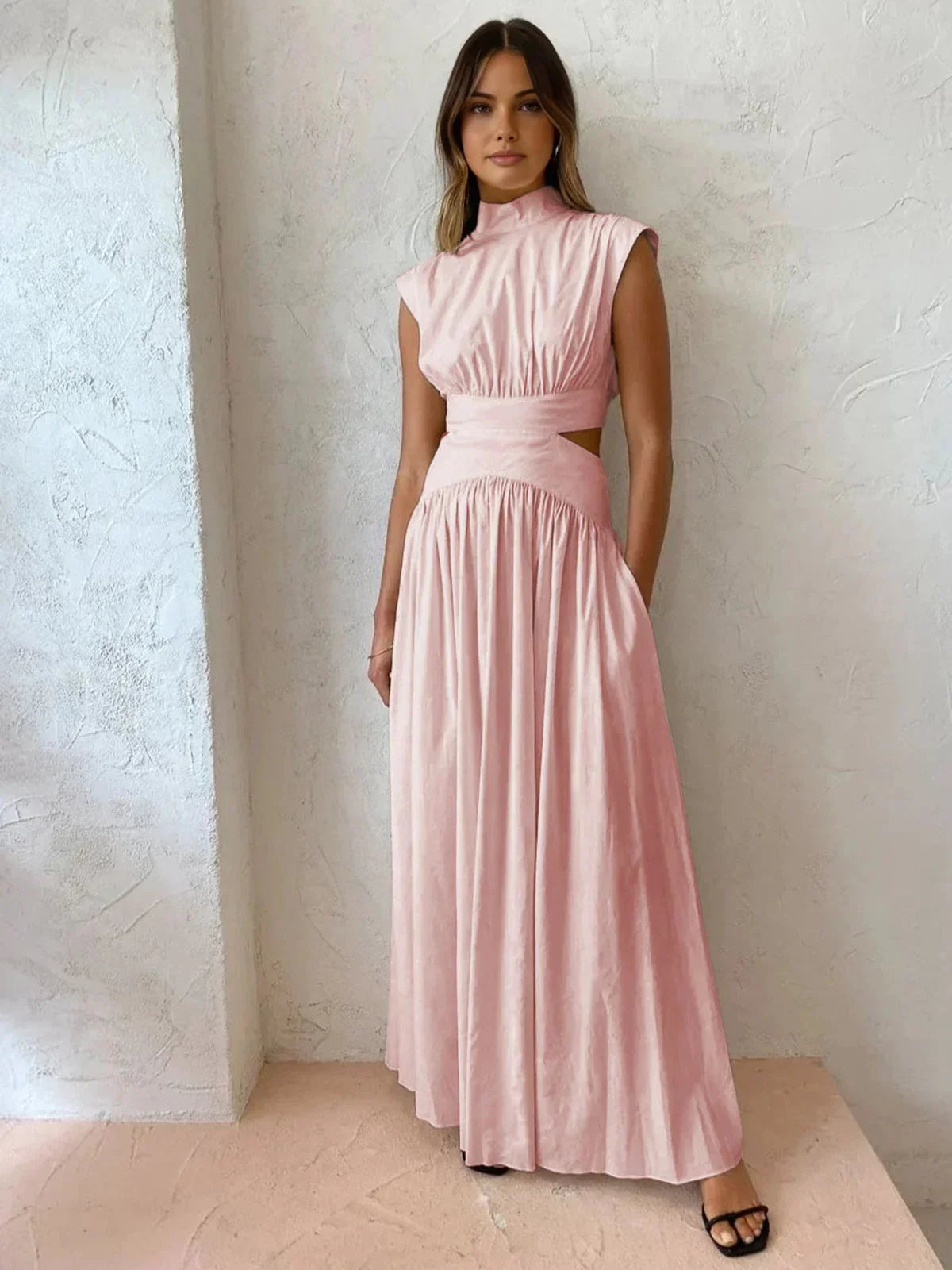 Long Women's Dress with High Neck and Elegant Cutouts