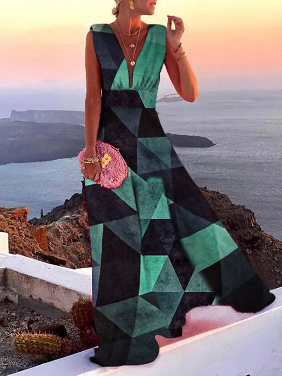 Long Women's Dress with Backless V-Neck Flare