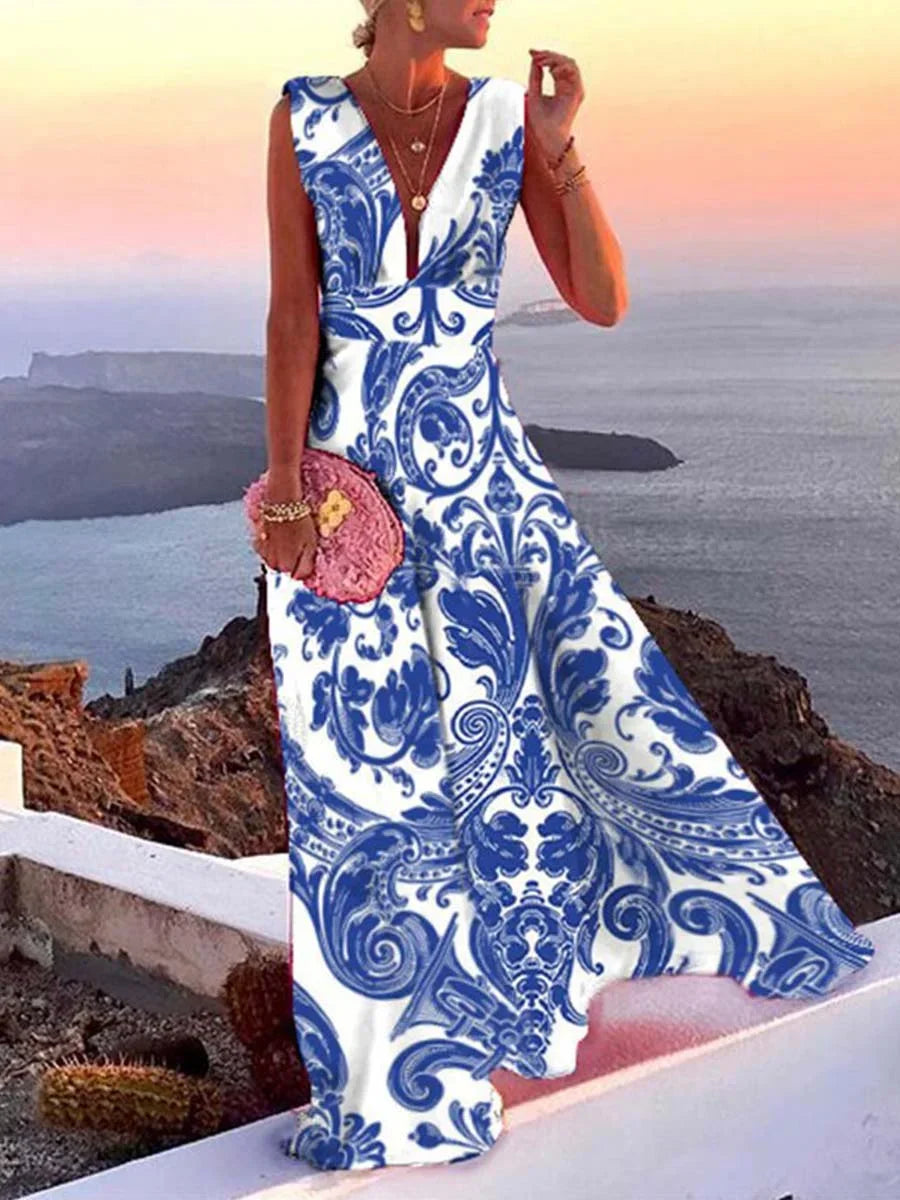 Long Women's Dress with Backless V-Neck Flare