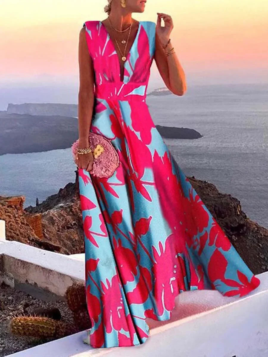 Long Women's Dress with Backless V-Neck Flare