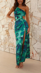 Green Long One-Shoulder Floral Split Evening Dress