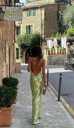 Long Green Sequin Backless Evening Dress for Women