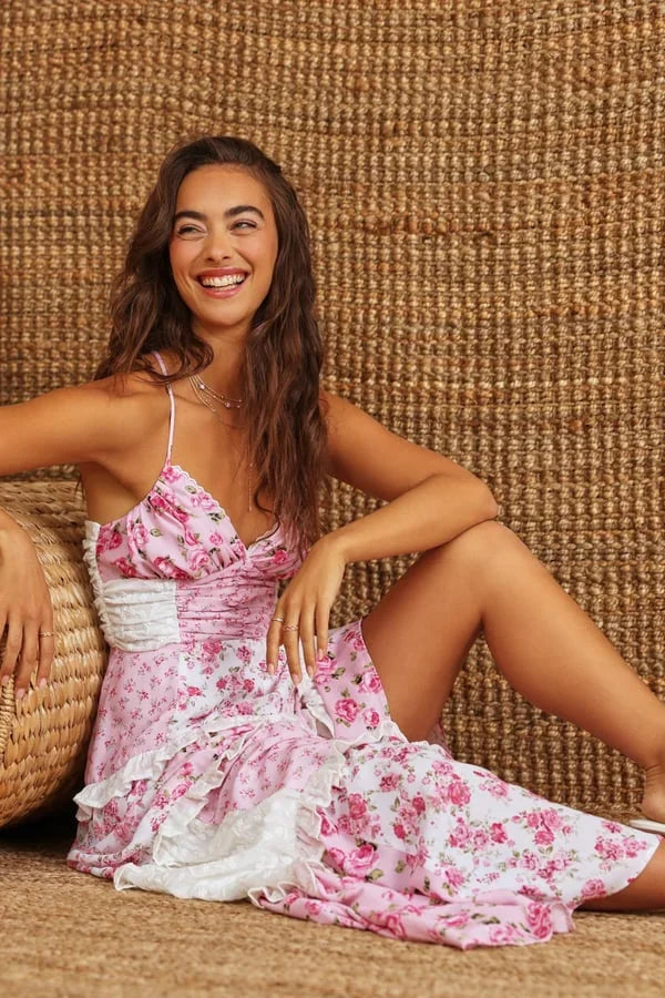 Long Summer Women's Dress with Thin Straps in Patchwork