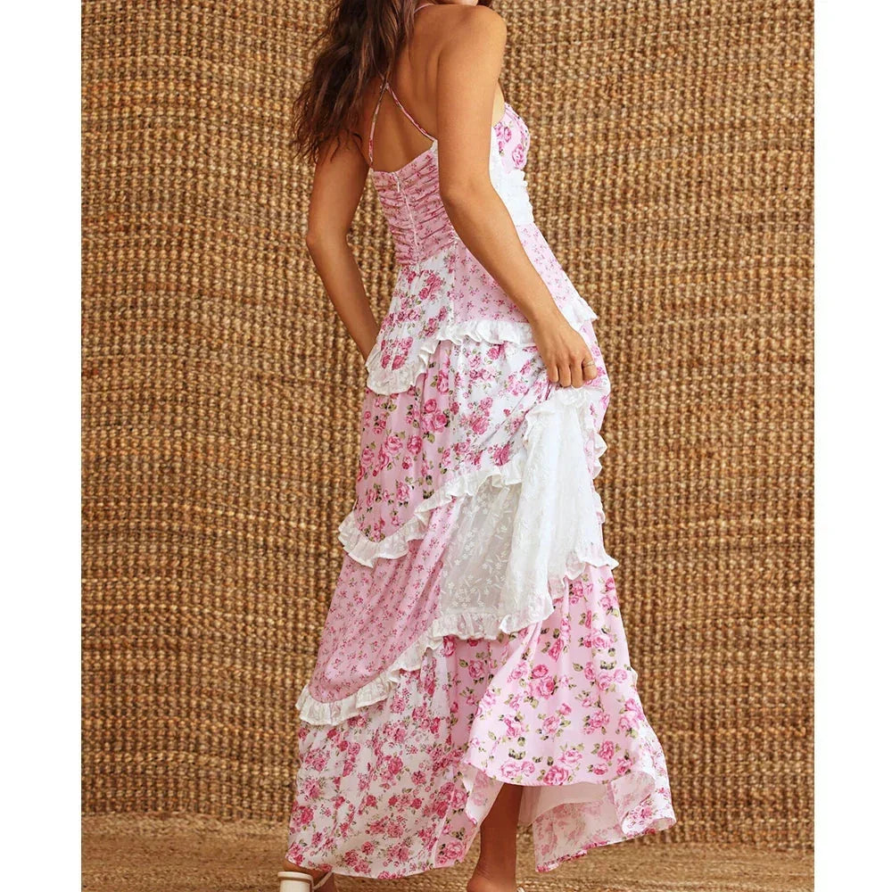 Long Summer Women's Dress with Thin Straps in Patchwork