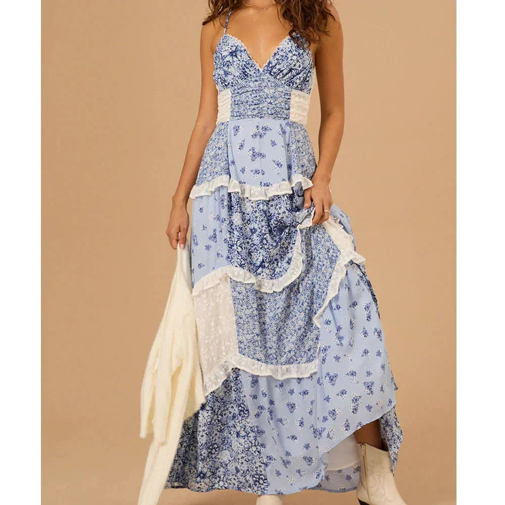Long Summer Women's Dress with Thin Straps in Patchwork