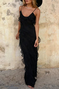 Long Women's Sleeveless Dress with Ruffles and Split