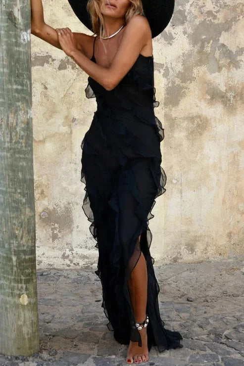 Long Sleeveless Women's Dress with Ruffles and Split