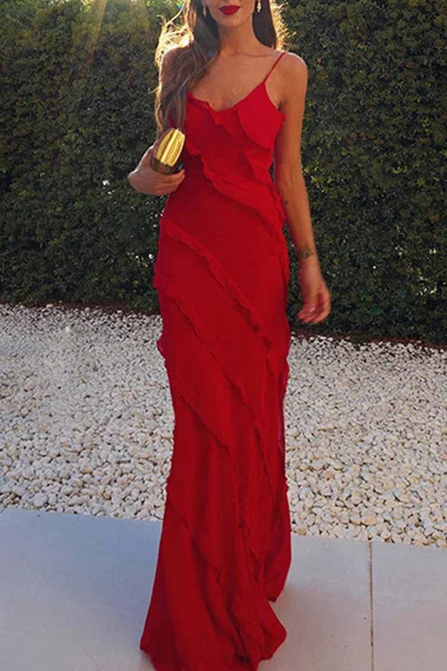 Long Women's Sleeveless Dress with Ruffles and Split
