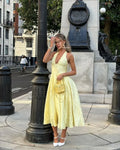 Yellow Backless Midi Dress for Women with Pleated Skirt