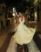 Yellow Backless Midi Dress for Women with Pleated Skirt