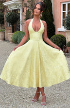Yellow Backless Midi Dress for Women with Pleated Skirt
