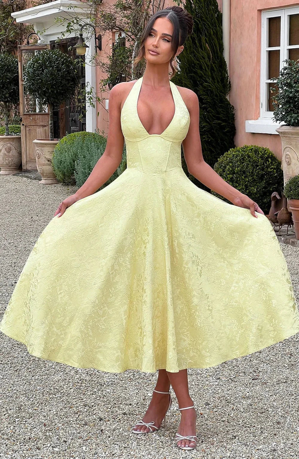 Yellow Backless Midi Dress for Women with Pleated Skirt