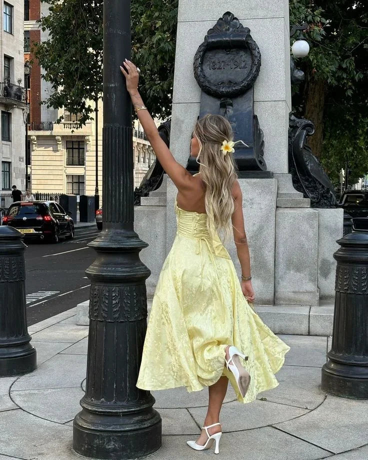 Yellow Backless Midi Dress for Women with Pleated Skirt
