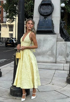 Yellow Backless Midi Dress for Women with Pleated Skirt