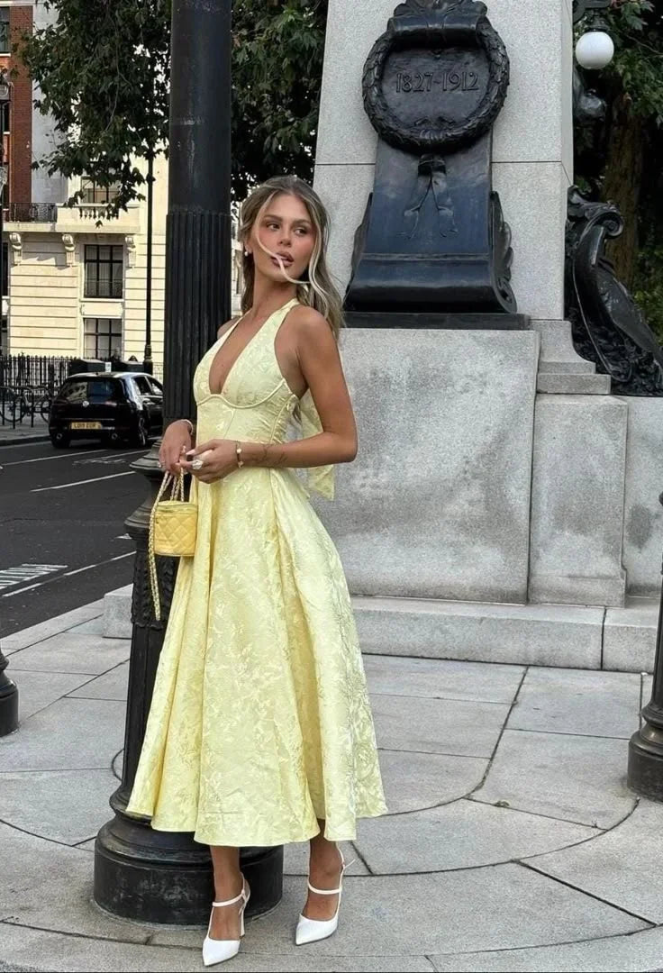 Yellow Backless Midi Dress for Women with Pleated Skirt