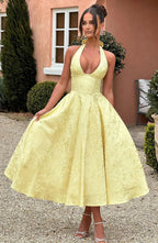 Yellow Backless Midi Dress for Women with Pleated Skirt