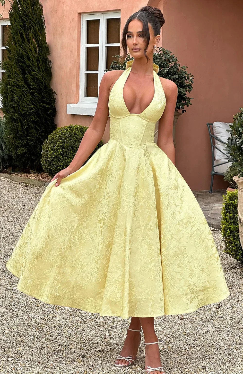 Yellow Backless Midi Dress for Women with Pleated Skirt