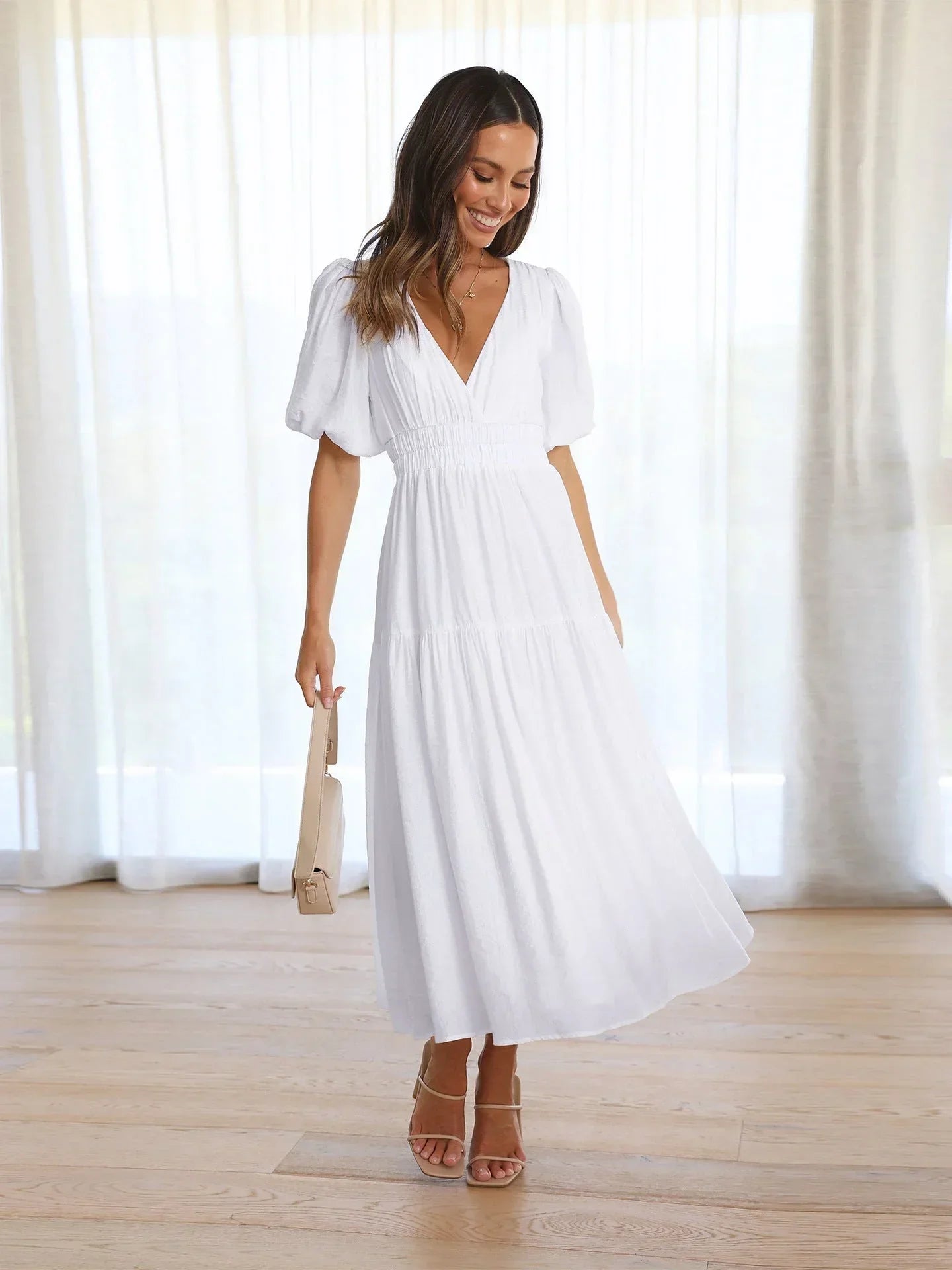 Women's Midi Dress with V-Neck and Short Sleeves