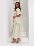 Women's Midi Dress with V-Neck and Short Sleeves